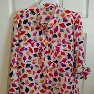 Anne Klein~Artsy Print~Roll Tab Long Sleeve~Chiffon Blouse~Womens/Ladies L/Large